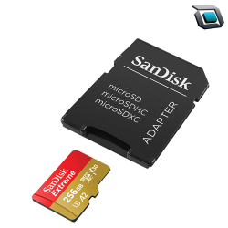 Tarjeta de memoria SandisK microSDXC UHS-I Extreme de 256 GB de 190Mbs con adaptador.