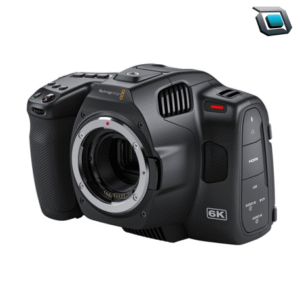 Cámara Blackmagic Pocket 6K Pro con sensor Super 35, grabación 6K en RAW, pantalla táctil inclinable y filtros ND, diseñada para cine digital de alto nivel.