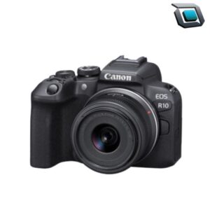 Cámara Canon EOS R10 con lente 18-45 mm, compacta y ligera, ideal para creadores de contenido que buscan calidad y portabilidad.