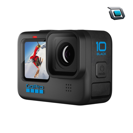 Cámara de acción GoPro HERO 10 Black con lente fijo, grabación en 4K a alta velocidad, ideal para deportes extremos, aventuras y contenido dinámico.