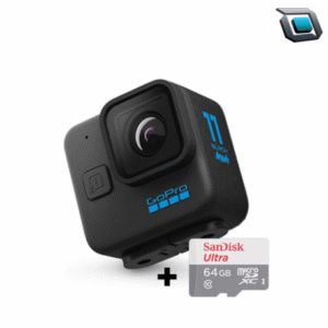 Cámara de acción GoPro HERO11 Black Mini con lente fijo, diseño ultra compacto, grabación en alta resolución y montura integrada para máxima portabilidad.