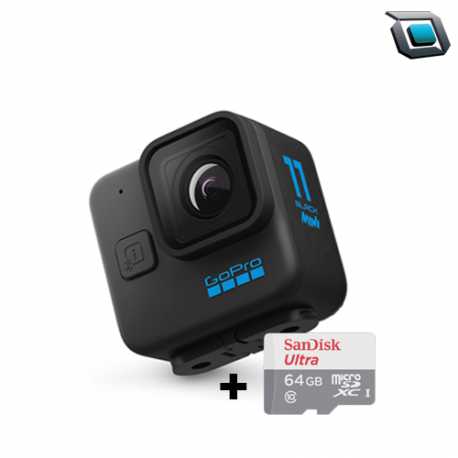 Cámara de acción GoPro HERO11 Black Mini con lente fijo, diseño ultra compacto, grabación en alta resolución y montura integrada para máxima portabilidad.