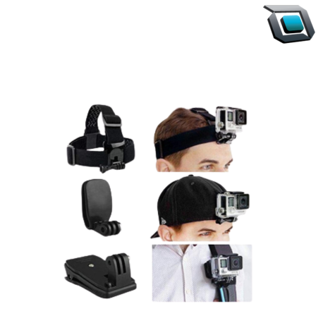 Accesorio GoPro con correa para la cabeza y QuickClip, ideal para capturar tomas en primera persona con manos libres durante actividades deportivas o al aire libre.