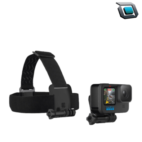Accesorio GoPro con correa para la cabeza y QuickClip, ideal para capturar tomas en primera persona con manos libres durante actividades deportivas o al aire libre.