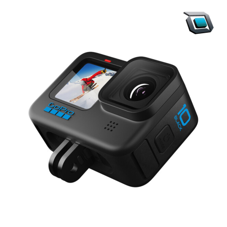 Cámara de acción GoPro HERO 10 Black con lente fijo, grabación en 4K a alta velocidad, ideal para deportes extremos, aventuras y contenido dinámico.