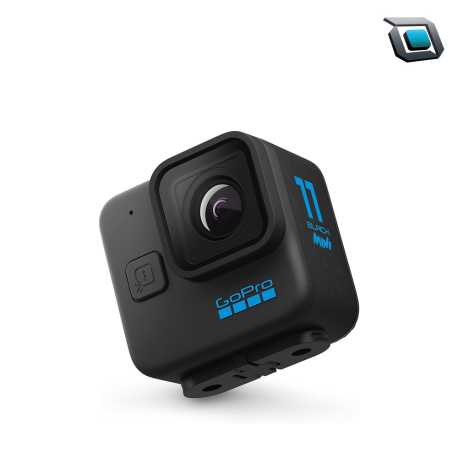 Cámara de acción GoPro HERO11 Black Mini con lente fijo, diseño ultra compacto, grabación en alta resolución y montura integrada para máxima portabilidad.