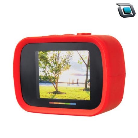 Cámara de acción Polaroid iD757 con lente fijo, diseño compacto y resistente, ideal para capturar video y fotos en movimiento con facilidad.