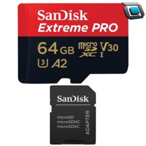 Tarjeta SanDisk Extreme PRO 64 GB con adaptador SD vista frontal
