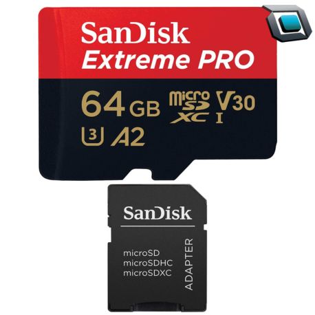 Tarjeta SanDisk Extreme PRO 64 GB con adaptador SD vista frontal