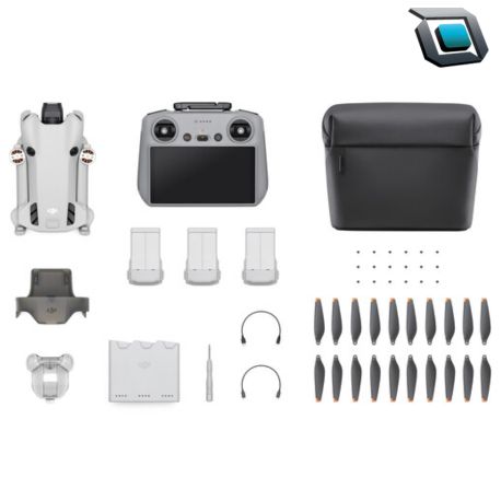 Vista del dron DJI Mini 4 Pro Fly More Combo Plus con controlador RC 2, dos baterías y cargador triple