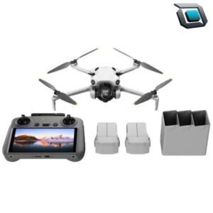 Vista del dron DJI Mini 4 Pro Fly More Combo Plus con controlador RC 2, dos baterías y cargador triple