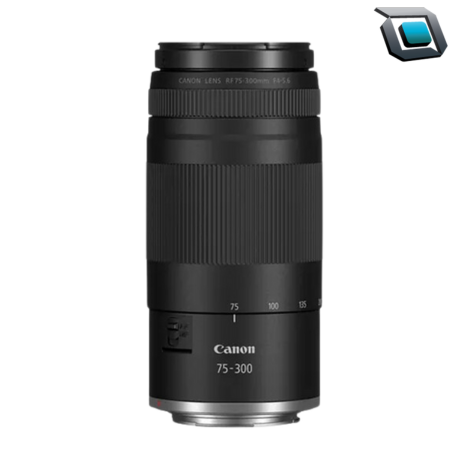 Kit de lentes Canon RF 50mm y RF 75-300mm f/4-5.6 para montura R sobre fondo blanco.