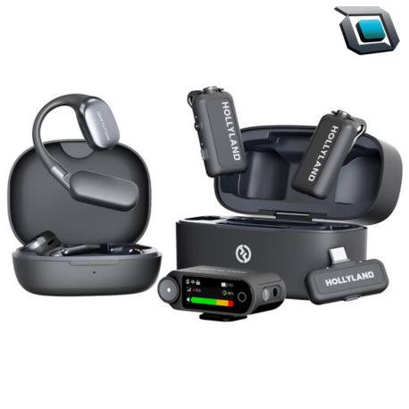 Sistema de micrófono inalámbrico Hollyland LARK MAX 2 Ultimate Combo para 2 personas, grabación flotante 32 bits, ideal para entrevistas, streaming y vídeos profesionales.