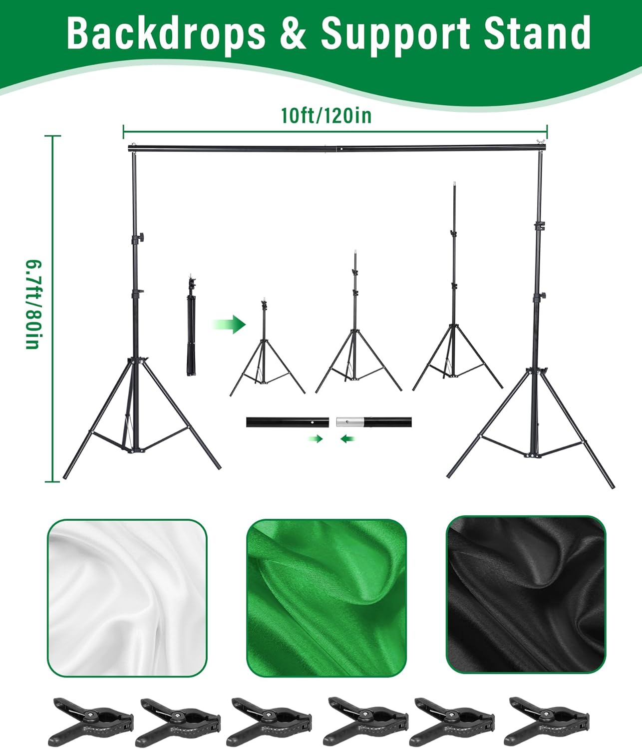 kit de iluminacion con soportes de fondos fotograficos, incluye fondos verde, blanco, chroma