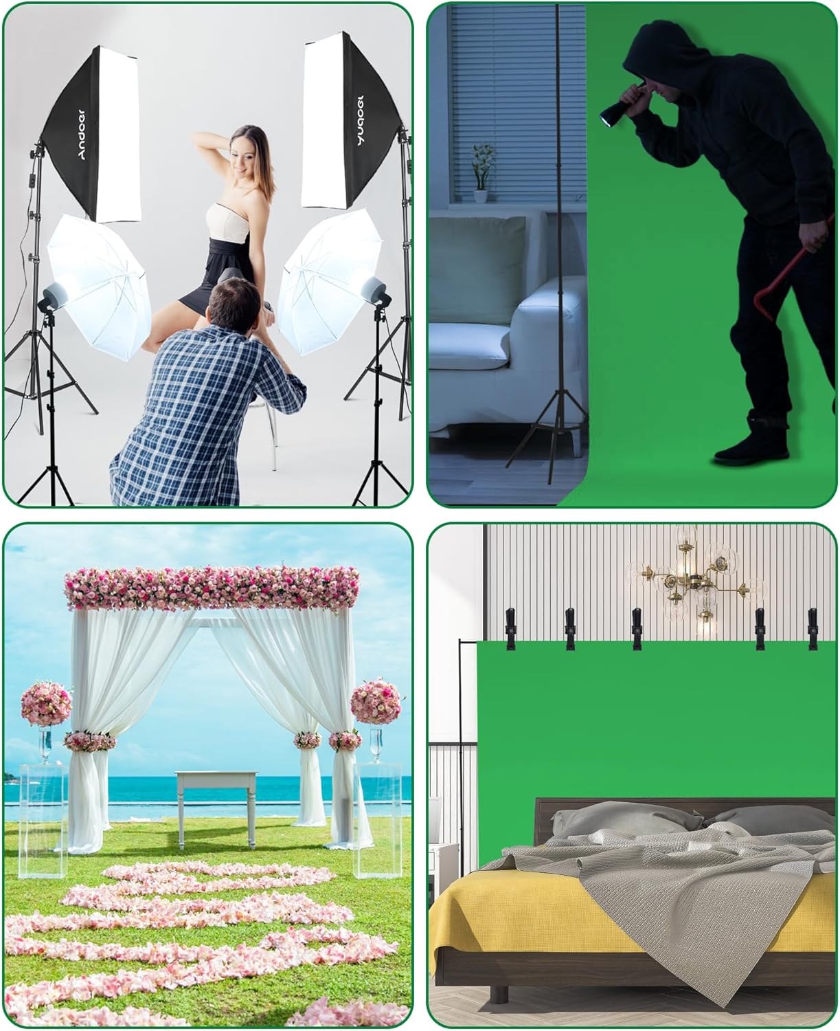 3 softboxes de 50 × 70 cm y 5 sombrillas fotográficas de 85 cm, que suavizan la luz y eliminan sombras para lograr imágenes de calidad