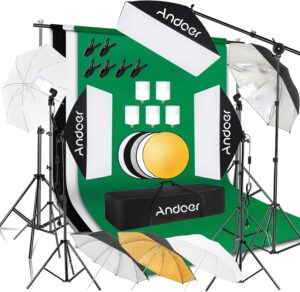 kit de iluminacion para fotografia, incluye fondos fotograficos, softbox, rebotador, soportes con fondos fotograficos, paraguas