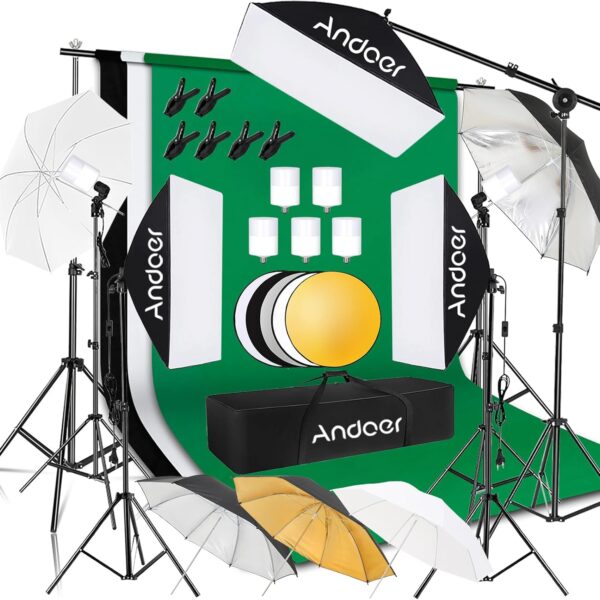 kit de iluminacion para fotografia, incluye fondos fotograficos, softbox, rebotador, soportes con fondos fotograficos, paraguas