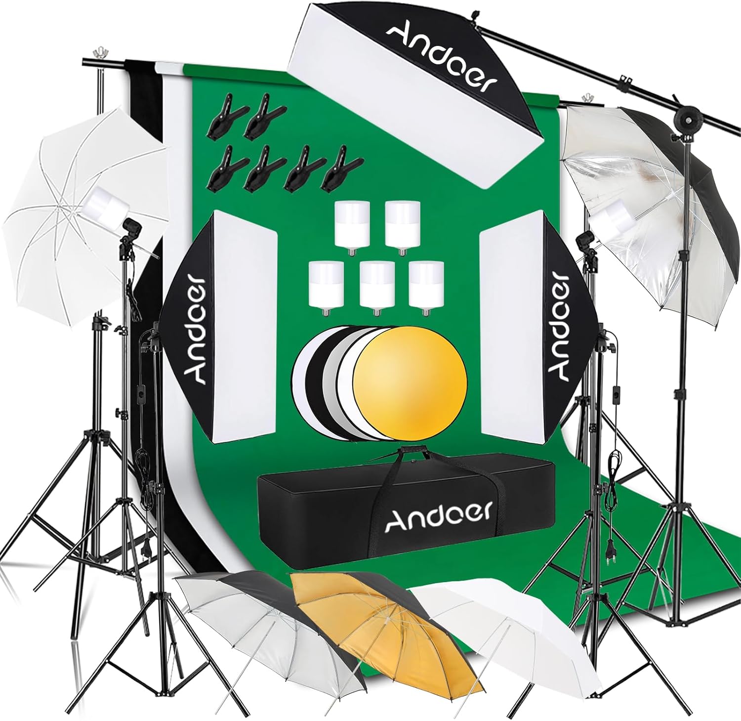 kit de iluminacion para fotografia, incluye fondos fotograficos, softbox, rebotador, soportes con fondos fotograficos, paraguas