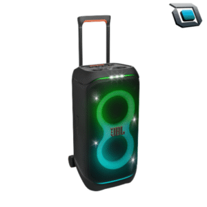 Parlante JBL PartyBox Stage 320 con sonido potente, luces LED dinámicas y batería portátil para fiestas.