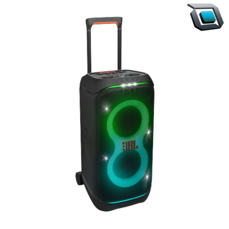Parlante JBL PartyBox Stage 320 con sonido potente, luces LED dinámicas y batería portátil para fiestas.
