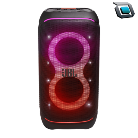 Parlante JBL PartyBox Stage 320 con sonido potente, luces LED dinámicas y batería portátil para fiestas.