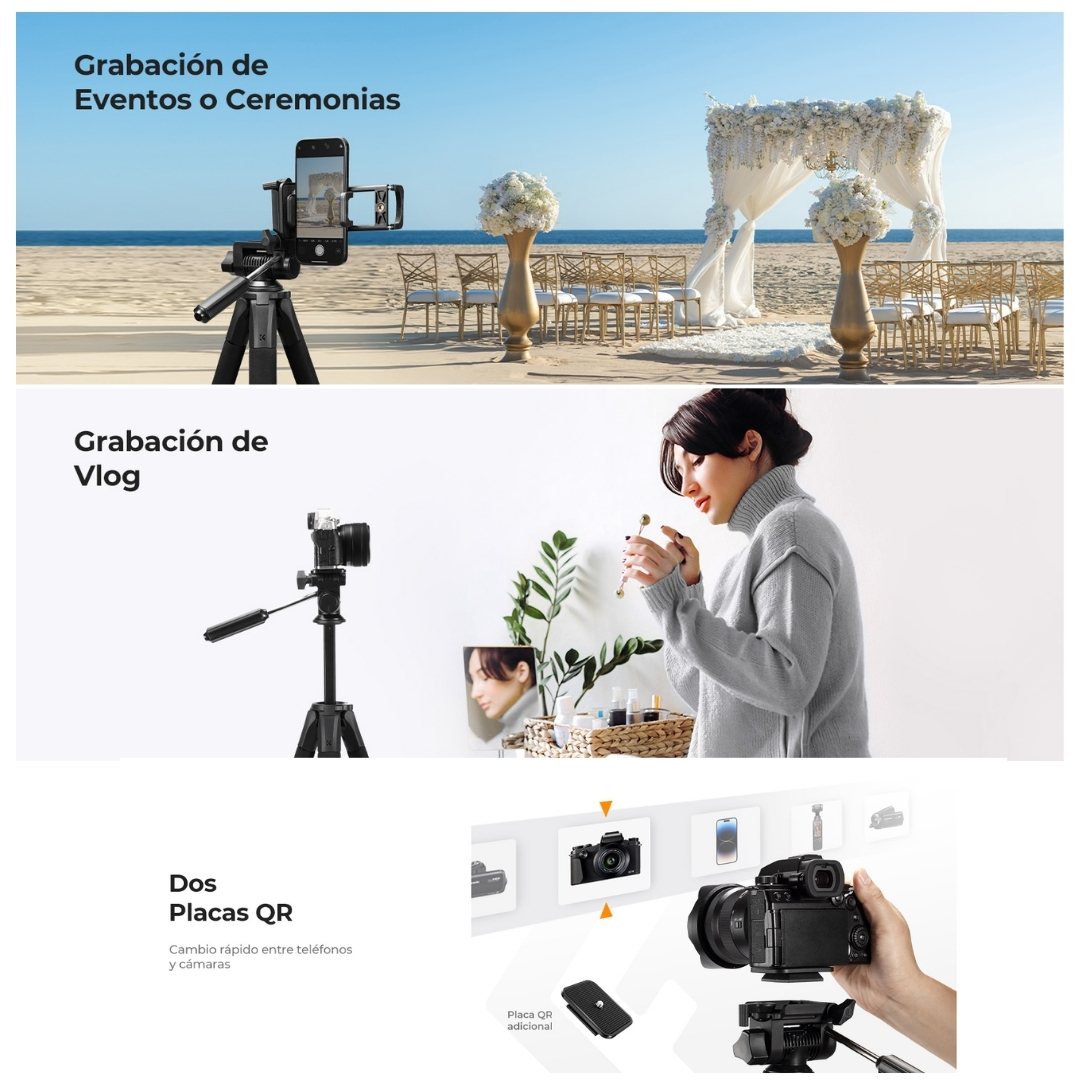 Trípode K&F Concept S255A3+BV01, Ligero Portátil, para cámaras, celulares y tabletas (190cm) - Imagen 2