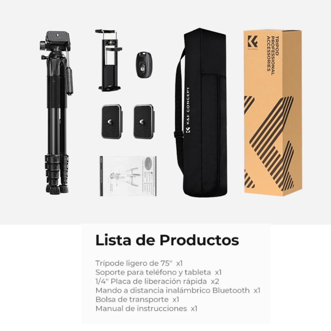 Trípode K&F Concept S255A3+BV01, Ligero Portátil, para cámaras, celulares y tabletas (190cm) - Imagen 6
