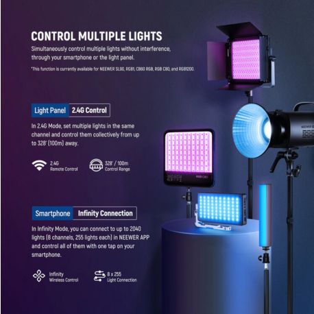 Accesorios incluidos en el kit Neewer RGB1200 para iluminación profesional.