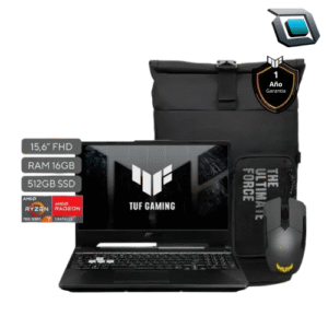 Laptop ASUS TUF con Ryzen 7, 16GB RAM, SSD 512GB y RTX 3050, incluye mochila y mouse.