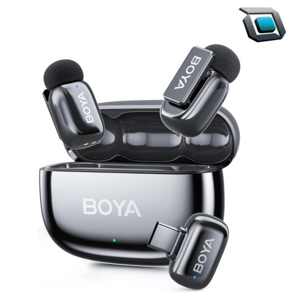Micrófono inalámbrico Boya BOYAMINI 2-02 doble con receptor USB-C y estuche de carga en color space gray.