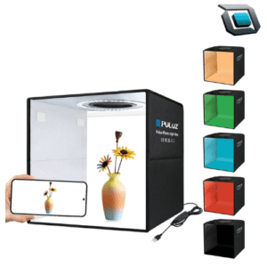 Caja de luz Puluz 30x30 cm mini estudio fotográfico con seis fondos de PVC intercambiables.