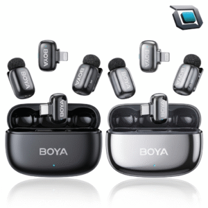 Micrófono inalámbrico Boya BOYAMINI 2-01 doble con conectores USB-C y Lightning para grabación móvil.
