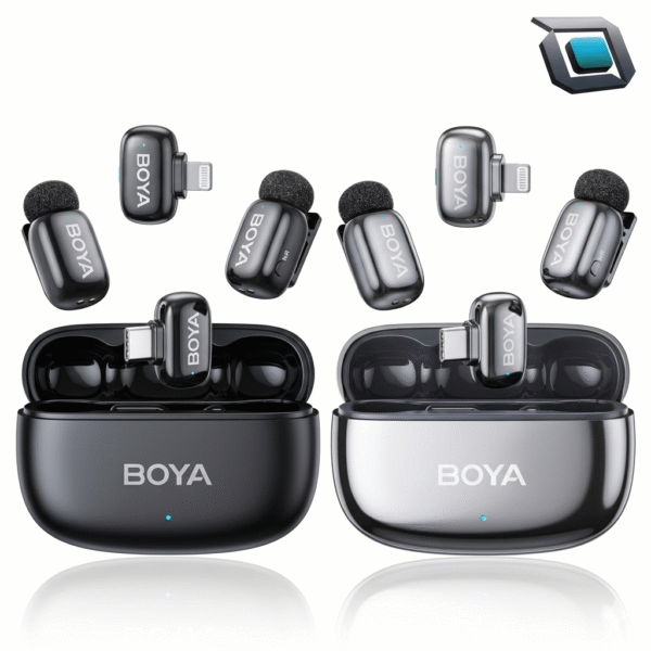 Micrófono inalámbrico Boya BOYAMINI 2-01 doble con conectores USB-C y Lightning para grabación móvil.