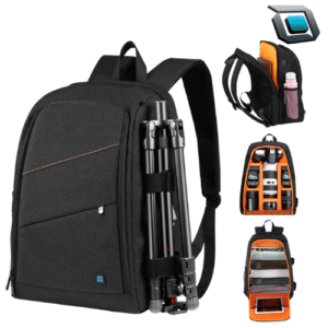 Mochila Puluz PTZ negra acolchada para transportar cámara y accesorios fotográficos.