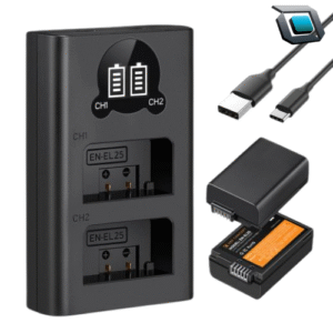Kit K&F Concept con dos baterías EN-EL25 y cargador dual USB-C para cámaras Nikon Z Series.