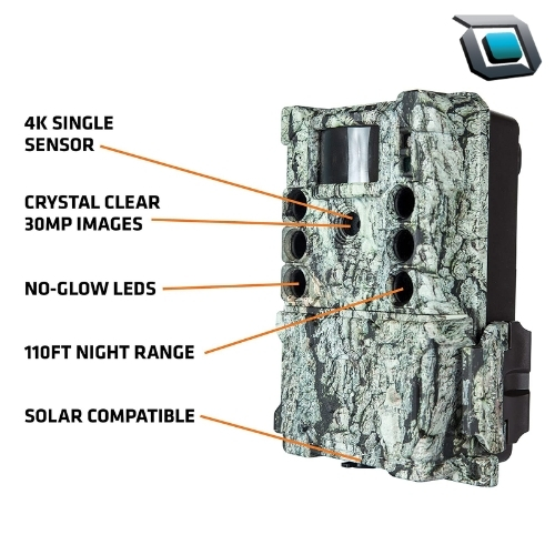 Modelo: Bushnell Core S-4K Treebark (119949M) Resolución de fotos: Hasta 30 MP Resolución de video: 4K UHD (3840 × 2160) a 30 fps Audio: Sí Velocidad de disparo: 0,2 segundos Alcance nocturno: Hasta 33 m (110 pies) Pantalla: LCD color de 1,5"