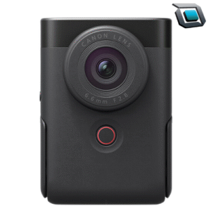 Cámara Canon PowerShot V10 negra para vlogging con sensor de 1 pulgada, grabación 4K, lente gran angular de 19 mm y soporte abatible integrado.
