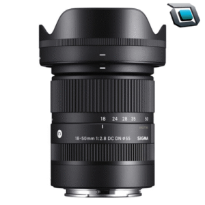Lente Sigma 18-50mm f/2.8 DC DN Contemporary para cámaras Sony E APS-C con apertura constante f/2.8, enfoque automático rápido y diseño compacto.
