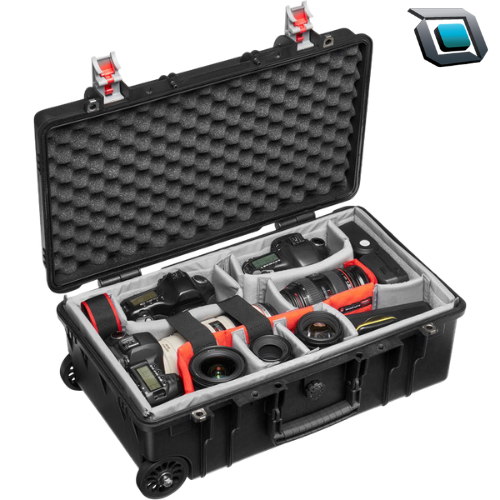 Estuche rígido Manfrotto MB PL-RL-TH55 con ruedas, asa telescópica e interior acolchado modular para transportar equipos fotográficos y de video de forma segura.