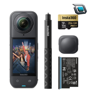 Cámara de acción Insta360 X5 360° con grabación 8K, sensores de 1/1,28", estabilización avanzada, resistencia al agua IPX8 y paquete especial con accesorios.