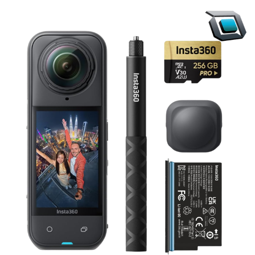 Cámara de acción Insta360 X5 360° con grabación 8K, sensores de 1/1,28", estabilización avanzada, resistencia al agua IPX8 y paquete especial con accesorios.