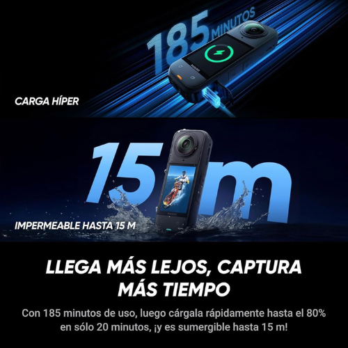 Cámara de acción Insta360 X5 360° con grabación 8K, sensores de 1/1,28", estabilización avanzada, resistencia al agua IPX8 y paquete especial con accesorios.