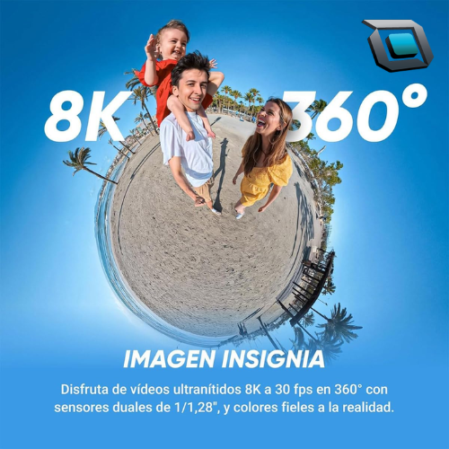 Cámara de acción Insta360 X5 360° con grabación 8K, sensores de 1/1,28", estabilización avanzada, resistencia al agua IPX8 y paquete especial con accesorios.