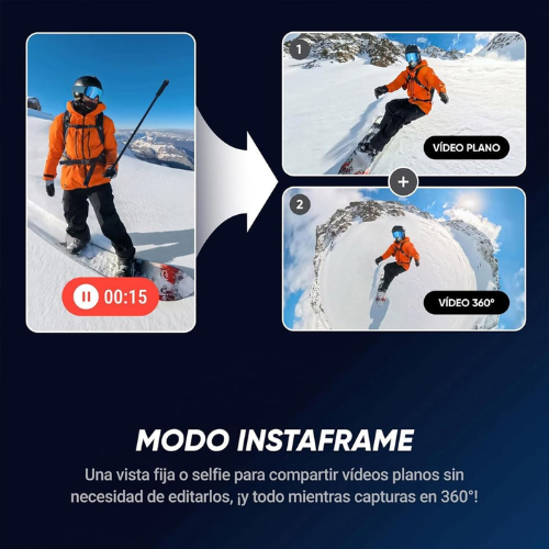 Cámara de acción Insta360 X5 360° con grabación 8K, sensores de 1/1,28", estabilización avanzada, resistencia al agua IPX8 y paquete especial con accesorios.