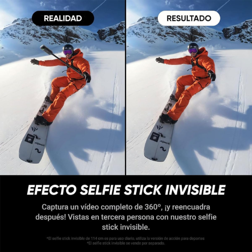 Cámara de acción Insta360 X5 360° con grabación 8K, sensores de 1/1,28", estabilización avanzada, resistencia al agua IPX8 y paquete especial con accesorios.