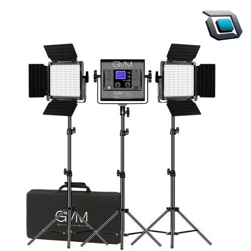Kit de 3 paneles de luz LED GVM 800D-RGB con iluminación RGB y temperatura de color ajustable para fotografía, video y creación de contenido.