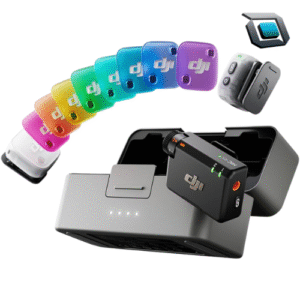 Micrófono inalámbrico DJI Mic Mini 2 con 2 transmisores y 1 receptor para cámaras, estuche de carga, conexión USB-C, cancelación de ruido y cubiertas magnéticas de colores.