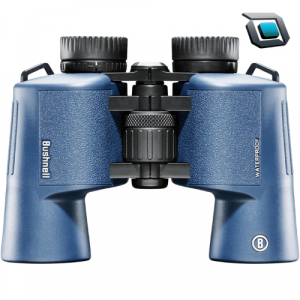 Binocular Bushnell H2O Series 12X42 impermeable color azul oscuro, ideal para observación de naturaleza y actividades al aire libre.