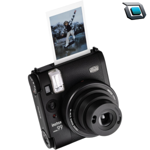 Cámara instantánea FUJIFILM instax mini 99 negra con efectos de color y modos de fotografía.