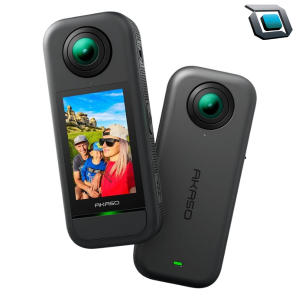 Cámara de acción AKASO 360 con grabación de video 360° en resolución 5.7K para aventuras y deportes.
